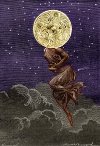 Grabado (por Emile Bayard) del libro de Julio Verne “Alrededor de la Luna” (edición Hetzel/Viajes extraordinarios 1870): la luna personificada con el cuerpo de una joven... sufriendo de cólico