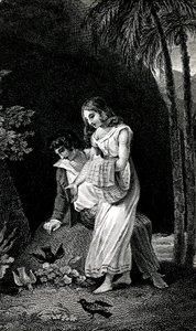Grabado que ilustra una edición de finales del siglo XIX de la novela de Jacques-Henri Bernardin de Saint Pierre: Paul et Virginie. Los pájaros aterrizan sin miedo cerca de la joven pareja de amantes en el bosque. Dibujo de