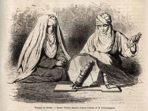 Mujeres de Bujará (Uzbekistán), trabajando en su labor de hilar, grabado después de un dibujo de Emile Bayard, para ilustrar el viaje de Basile Vereschaguine a Asia Central en 1867-1868, publicado en "Le tour du monde" 1873, editado por Edouard Charton