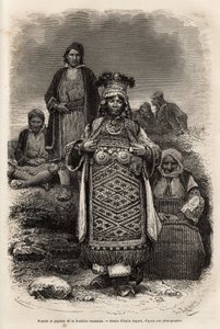 Novios y campesinos de las fronteras rumanas, grabado según el dibujo de Emile Bayard, ilustrando el viaje a Bulgaria, por Guillaume Lejean, en 1867, publicado en "Le tour du monde" 1873, editado por Edouard Charton, edición Hachette, París. de Emile Antoine Bayard