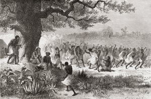 Henry Morton Stanley observando a la tribu Vouagogos preparándose para la batalla durante su expedición en 1871, ilustración de 