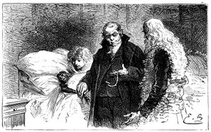 Ilustración de Emile Bayard para la novela de Hector Malot “Sans Famille”: Joli-Coeur (corazón bonito), el mono científico enfermo es examinado por un médico (auscultado por un médico que le quita el pollo) en presencia de Remi y Monsieur Vitalis
