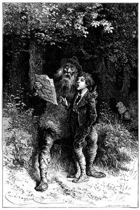 Ilustración de Emile Bayard para la novela de Hector Malot "Sans Famille": Remi canta con Monsieur Vitalis, artista itinerante - músico callejero, saltimbanqui - Edición Hetzel 1880 de Emile Antoine Bayard