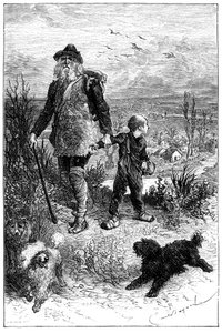Ilustración de Emile Bayard para la novela de Hector Malot "Sin Familia": Remi se va con el señor Vitalis, artista itinerante y sus animales sabios los tres perros Capi, Zerbino y Dolce - Edición Hetzel 1880 de Emile Antoine Bayard