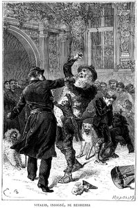 Ilustración de Emile Bayard para la novela de Hector Malot “Sans Famille”: en Toulouse, Monsieur Vitalis, indigno, es arrestado por un oficial de policía frente a Remi y sus amigos, los animales sabios de la troupe: Joli-Coeur (corazón bonito), el mono de Emile Antoine Bayard