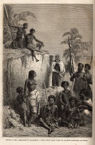 Kamehameha I (ca. 1758-1819), rey de las Islas Hawaianas y fundador de su unidad, rodeado de guerreros hawaianos y algunos súbditos en Honolulu, grabado según el dibujo de Emile Bayard, ilustrando el viaje a las Islas Sandwich, en 1855-69, por C de Emile Antoine Bayard