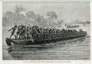 Gran canoa de los Arouhouimi, cargada con 40 remeros de pie y veinte guerreros armados, en el río Livingstone (Congo), dibujo de Emile Bayard, para ilustrar la historia “A través del continente misterioso”, viaje realizado entre 1874-1877, por Sir H.M. Sta de Emile Antoine Bayard