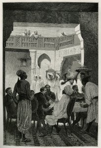 Almuerzo en la casa del ministro de guerra, con turbante, frente al autor de la historia, llegando por el patio, una fila de sirvientes llevando los platos de la comida, grabado por Emile Bayard, para ilustrar la historia de Marruecos por Edmondo de Amicis