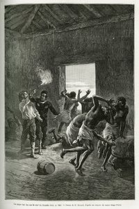 El Mayor Serpa Pinto disparó al jefe del pueblo o se detuvo porque exigía aún más brandy a cambio de su hospitalidad. Grabado por Emile Bayard, para ilustrar la historia de cómo atravesé África, del Océano Atlántico al Océano Índico, por el Mayor