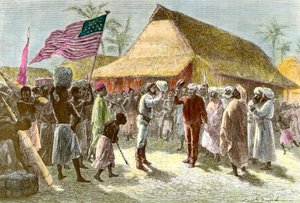 Encuentro en Ujiji a orillas del lago Tanganica entre Henry Morton, un explorador y periodista de Gales (1841-1904) y David Livingstone, un misionero explorador escocés del continente africano (1813-1873), el 10 de noviembre de Emile Antoine Bayard