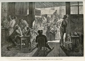 Cantantes de himnos borrachos de Mother Carey reunidos en la entrada de un bar de whisky de Ohio para luchar contra el florecimiento del alcoholismo. Dibujo de Emile Bayard para ilustrar la historia La conquête blanche, de William Hepworth Dixon, en 1875, 
