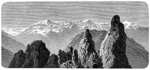 Cima de la montaña llamada Pierre a Voir cerca de los baños de Saxon en Valais, Alpes Suizos. Ilustración de Emile Bayard para el libro de Albert Dupaigne "Las Montañas", edición Mame 1881