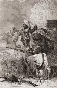Rebeldes afganos del norte luchando contra los británicos en las montañas de Hazara, Pakistán, durante el dominio británico, 1878