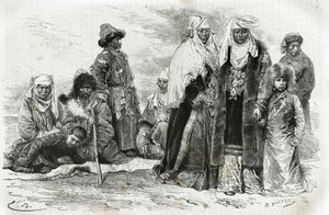 Mujeres kirguís pobres y ricas. Grabado por Emile Bayard, para ilustrar impresiones de viaje de Orenburg a Samarcanda, por Marie de Ujfalvy-Bourdon, entre 1876 y 1878, en el Tour du monde, dirigido por Edouard Charton de Emile Antoine Bayard