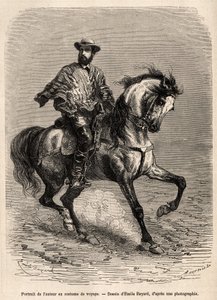 Retrato del autor, en su montura, vistiendo su traje de viaje, grabado después de un dibujo de Emile Bayard ilustrando la historia sobre el desierto de Acatama y Caracoles (Sudamérica), por el ingeniero A. Bresson, en 1870-1874, publicado en 