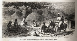 Preparación de marfil, para un comerciante turco, Uganda, dibujo de Emile Bayard (1837-1891), ilustrando el viaje de descubrimiento del Capitán Speke en África de 1860 a 1863. Grabado en “Le tour du monde”, editado por Edouard Charton de Emile Antoine Bayard