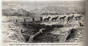 Reensamblaje de vagones vacíos durante las excavaciones de 1864 en Pompeya, dibujo de Emile Bayard (1837-1891), para ilustrar el texto de Marc Monnier (1829-1885) “Pompei y los Pompeianos”. Grabado en “Le tour du monde”, editado por Edouard Charton