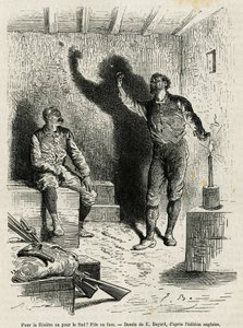 Sir Henri Morton Stanley (1841-1904) y Franck Pock, su compañero de exploración, deciden a cara o cruz el itinerario de su viaje, dibujo de Emile Bayard, para ilustrar la historia “A través del Continente Misterioso” (África Ecuatorial), un viaje c de Emile Antoine Bayard