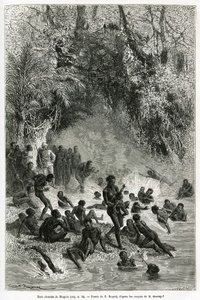 Sir Henri Morton Stanley (1841-1904) en medio de los bañistas de la región de Karagoué (Camerún), que se sumergen en el agua caliente y medicinal de la garganta de Mtagata, dibujo de Emile Bayard, para ilustrar la historia “A través del Continente Misterio de Emile Antoine Bayard
