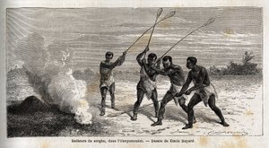 Tamborileros de sorgo, en el ounyamouezi (región de los Grandes Lagos, África), dibujo de Emile Bayard (1837-1891), ilustrando el viaje de descubrimiento del Capitán Speke en África de 1860 a 1863. Grabado en Le tour du monde, editado por Edouard Charton de Emile Antoine Bayard