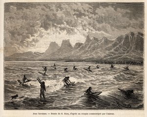 Surf, el juego favorito hawaiano, aquí por mujeres, en equilibrio, de pie o sentadas, en la cresta de las olas, que las llevan de regreso a la playa, grabado basado en el dibujo de Emile Bayard, ilustrando el viaje a las Islas Sandwich