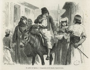 La búsqueda de Leproux en Chio, dibujo de Emile Bayard, para ilustrar la historia "La isla de Chio" (Turquía Oriental), en 1877, por el Dr. A.Testevuide. Grabado en Le tour du monde de Emile Antoine Bayard
