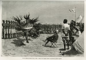 El Sova Mavanda (rey), rodeado de sus hombres que salmodian una canción monótona, bailando frente al mayor. Grabado por Emile Bayard, para ilustrar la historia de cómo he atravesado África, del Océano Atlántico al Océano Índico, por el Mayor Serpa Pinto