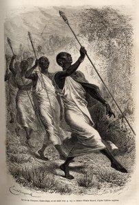 La llegada de Kabba Rega, rey de los Ounyoro (Sudán oriental) y los jefes de su corte, al campamento de Sir Baker para una visita oficial, grabado después de un dibujo de Emile Bayard, ilustrando una expedición en África Central, para la supresión del come de Emile Antoine Bayard