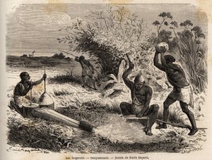 Los herreros, en el ounyamouezi (región de los Grandes Lagos, África), dibujo de Emile Bayard (1837-1891), ilustrando el viaje de descubrimiento en África, de 1860 a 1863 del Capitán Speke. Grabado en “Le tour du monde”, editado por Edouard Charton de Emile Antoine Bayard