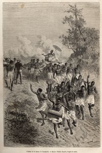 El cortejo de la esposa de Cassemmbe pasa ante Livingstone que la saluda, grabado después de un dibujo de Emile Bayard, ilustrando el último diario de David Livingstone (1813-1873), en 1866-1873, publicado en "Le tour du monde" 1875, editado por Edouard Ch de Emile Antoine Bayard