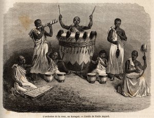 La orquesta de la corte, en el Karague (oeste del Lago Victoria, actual Zimbabue), dibujo de Emile Bayard (1837-1891), ilustrando el viaje de descubrimiento del Capitán Speke en África de 1860 a 1863. Grabado en "Le tour du monde", editado por Edouard Char