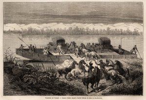 El cruce del río Yenissei (Rusia), dibujo de Emile Bayard (1837-1891) para ilustrar el viaje de Shanghái a Moscú, de 1859 a 1862, de M. de Bourboulon, Ministro de Francia en China. Grabado en "Le tour du monde", editado por Edouard Charton