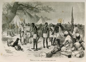 Los porteadores insolentes de la expedición encadenados, dibujo de Emile Bayard, para ilustrar la historia: A través de África, desde Zanzíbar (Tanzania) hasta Benguela (Angola), de 1872 a 1876, por el Teniente V.H. Cameron. Grabado en Le tour du monde