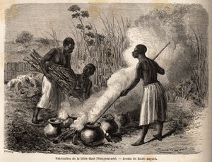 La producción de cerveza, en el ounyamouezi (región de los Grandes Lagos, África), dibujo de Emile Bayard (1837-1891), ilustrando el viaje de descubrimiento en África, de 1860 a 1863 del Capitán Speke. Grabado en “Le tour du monde”, editado por Edouard Cha