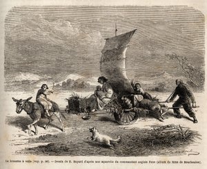 La carretilla de vela, sistema de locomoción utilizado en el norte de China, dibujo de E. Bayard, ilustrando el viaje de Shanghái a Moscú de Emile Antoine Bayard