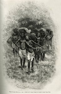 Grupo de niñas llevando cestas llenas de comida para el suministro de S.Pinto y sus hombres. Grabado por Emile Bayard, para ilustrar la historia de cómo atravesé África, del Océano Atlántico al Océano Índico, por el Mayor Serpa Pinto, en 1877-1878, pub de Emile Antoine Bayard