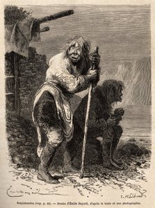 Dos ancianas esquimales, vistiendo el traje de las mujeres de Groenlandia, botas de cuero hasta las rodillas, pantalones cortos de piel de foca y una túnica de piel que cae hacia adelante y hacia atrás, en las cercanías de Lichtenau, grabado según el dibuj de Emile Antoine Bayard