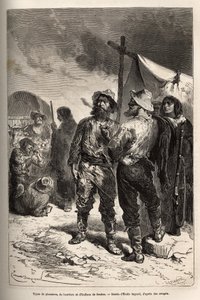 Tipos de pioneros, boyeros e indios de Benton (Montana), grabado según el dibujo de Emile Bayard, ilustrando el viaje de Washington a San Francisco, en 1868, por L. Simonin, publicado en "Le tour du monde" 1874, editado por Edouard Charton