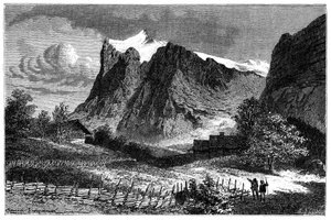 Vista de los Alpes Suizos. Ilustración de Emile Bayard para el libro Les Montagnes de Albert Dupaigne, edición Mame 1881