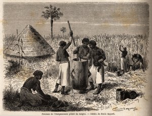 Mujeres moliendo sorgo, en el ounyamouezi (región de los Grandes Lagos, África), dibujo de Emile Bayard (1837-1891), ilustrando el viaje de descubrimiento del Capitán Speke en África de 1860 a 1863. Grabado en "Le tour du monde", editado por Edouard Charto