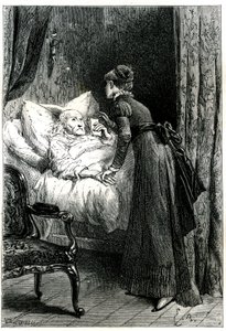 Joven cuidando a un anciano moribundo en su cama bajo un crucifijo colgado en la pared. El moribundo sostiene sus últimas recomendaciones (testamento) en la mano. Grabado por Emile Bayard ilustrando el libro de Jules Sandeau “Mademoiselle de la Seigliere”, de Emile Antoine Bayard
