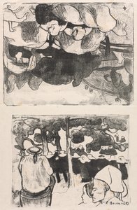 Les Bretonneries: Mujeres bretonas haciendo almiares (Bretonnes Faisant les Foins) y Boda en Bretaña (La Noce en Bretange) de Emile Bernard