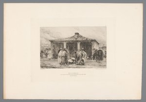 Grupo de soldados en un campamento
Metz 8 de octubre de 1870/ Soldados de caballería aislados vivaqueando en la plaza Saint Simon del Fuerte Moselle (título en el objeto)
Franse etsen uit 1875 (título de la serie)
Grabado en 1875 (título de la serie) de Emile Boilvin