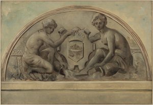 Boceto para el frontón del complejo escolar de Alfortville: El Sena y el Marne enmarcando el escudo de Alfortville, 1898 (óleo sobre lienzo).