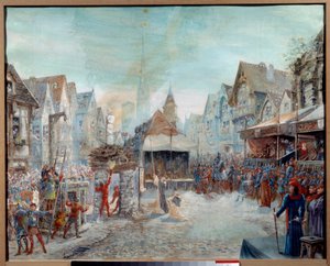 Guerra de los Cien Años: "Juana de Arco (1412-1431) es conducida al carnicero" (Plaza del Viejo Marqués de Ruán). Pintura de Emile Deshays (1875-1946) 1901. Sol. 0,73x0,6 m Rouen, Musee des Beaux Arts ¡Atención! La utilización de esta obra puede estar suje