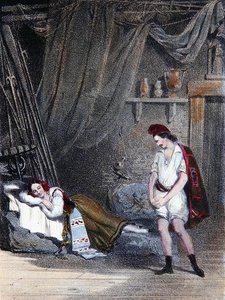 Escena que representa a la niña muda Fenella durmiendo en una cabaña con su hermano Masaniello: acto IV de la ópera 