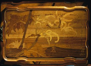 Palmeras junto al mar, tablero de mesa de madera incrustada, por Emile Gallé, estilo Art Nouveau