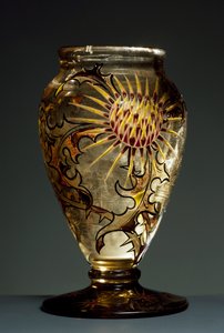 Jarrón de vidrio ahumado con decoraciones de esmalte, ca 1890, por Emile Galle, Nancy, Francia