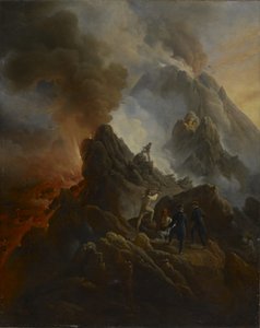 La erupción del Vesubio, el artista y su padre, Carle Vernet, en primer plano de Emile Jean Horace Vernet