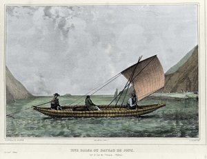 Una balsa o un bote de juncos en el lago Titicaca (Bolivia). Litografía de Emile Lassalle (1813-1871) - en 